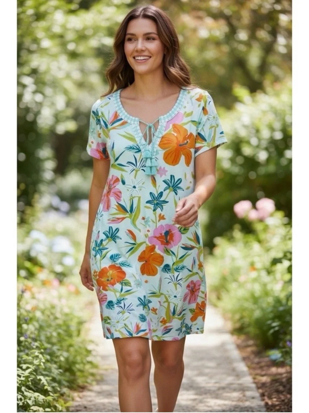 Spartina 449 Brielle Turquoise Floral Cotton Shift Dress Tassel Cover Up Size M